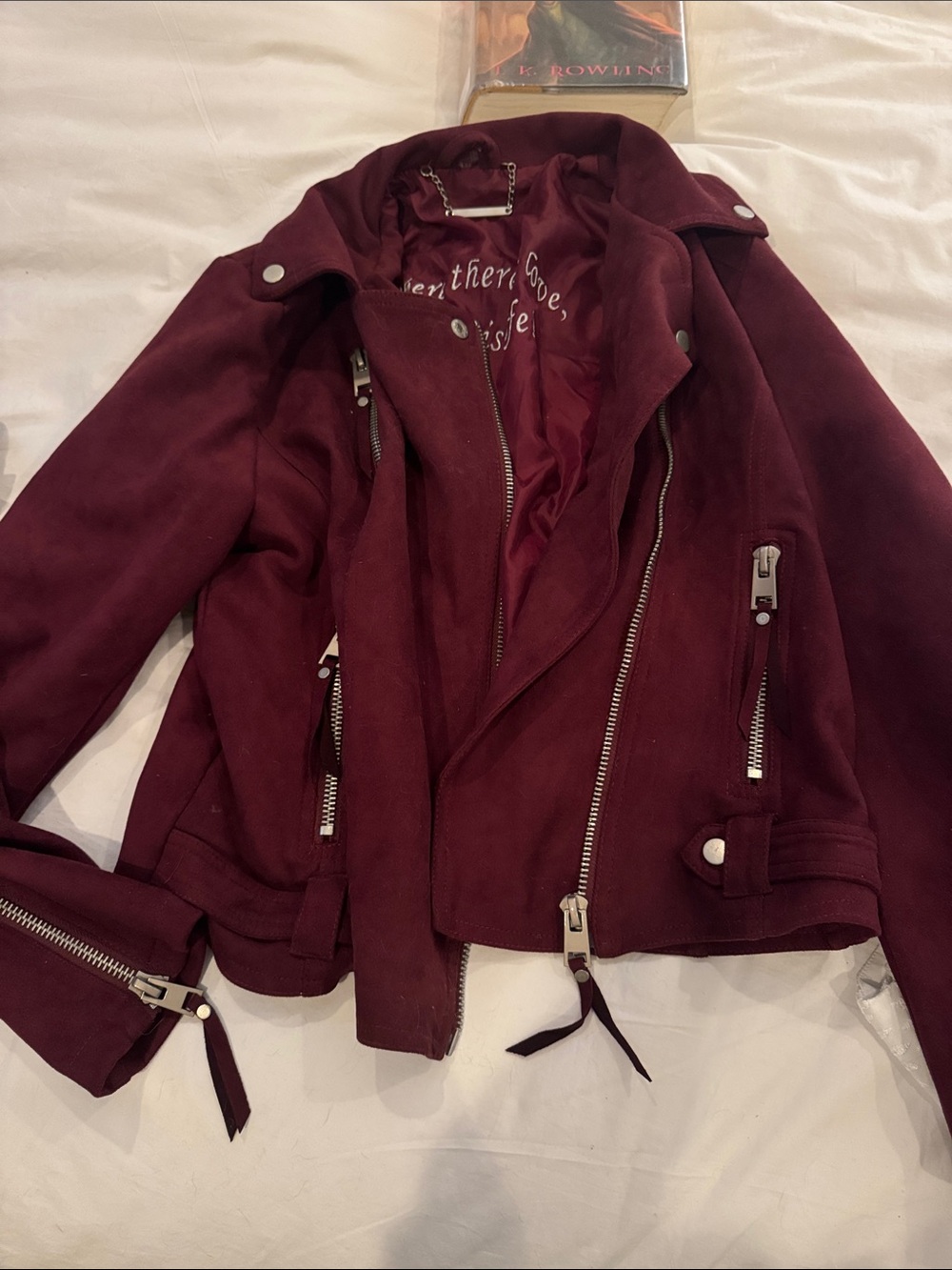 Women’s Burgundy Moto Jacket - Suede-Look Biker Coat